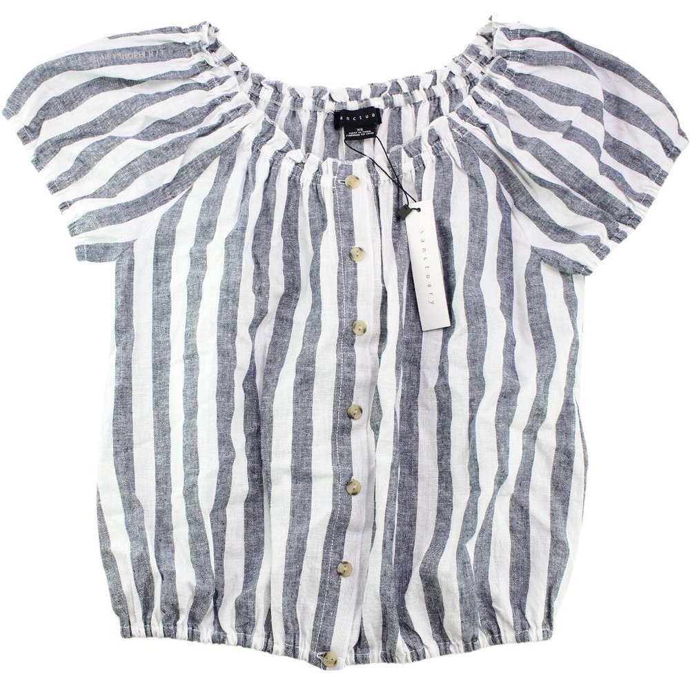 Sanctuary Women's Linen Blend Button Up On / Off the Shoulder Puff Sleeve Blouse